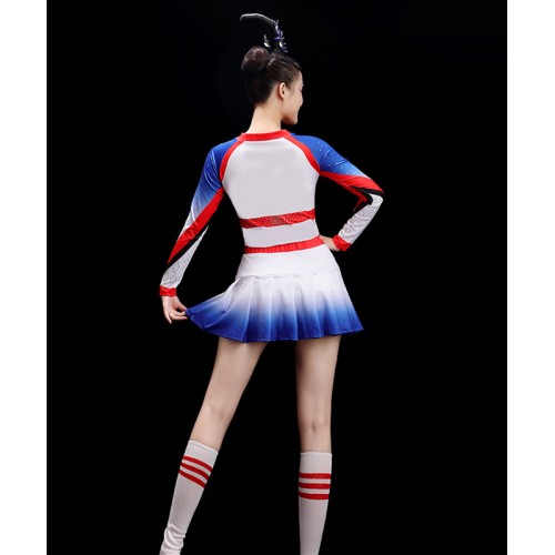 Blue Red white cheerleading performance dresses for women girls long-sleeved adult aerobics exercises competition outfits group dance cheerleaders clothing